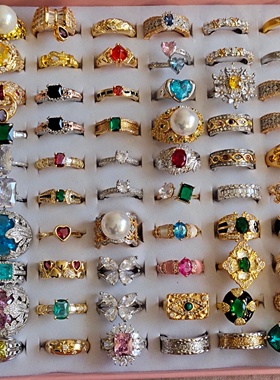 女铜镀银复古戒指圈环镶嵌草莓晶