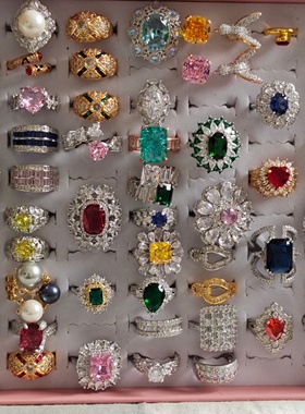 女铜镀银复古戒指圈环镶嵌锆石