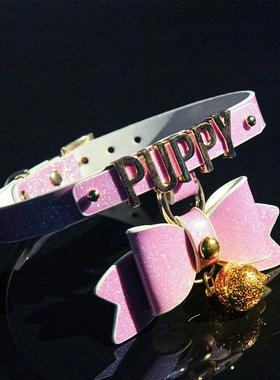 Puppy*项圈发光铃铛choker女粉色蝴蝶结可爱定制刻字宫铃颈带饰品