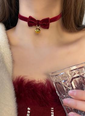 Puppy*圣诞铃铛女蝴蝶结细带项圈丝绒锁骨链圣诞节礼物颈链颈饰