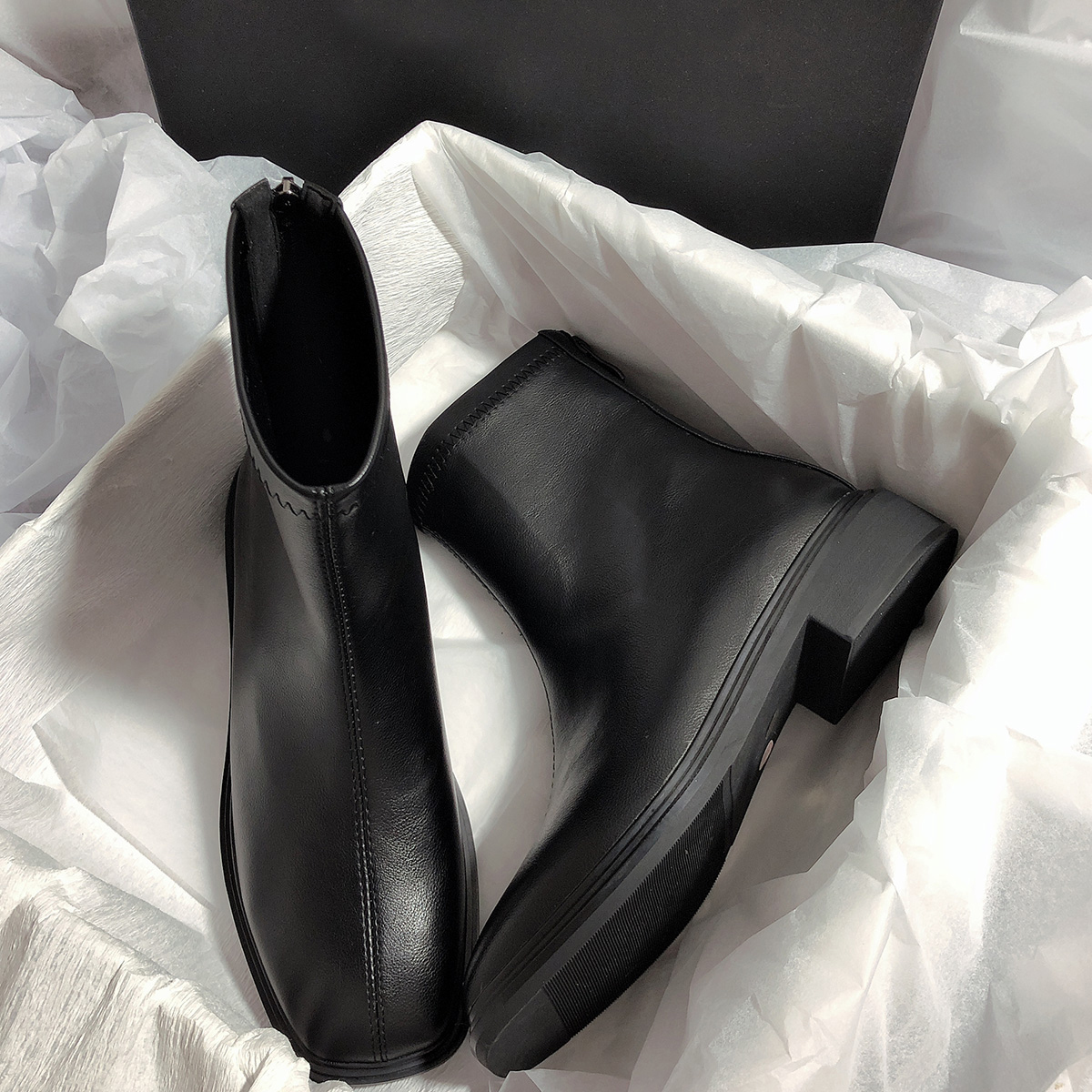 2025秋冬新款真皮平底方头粗跟弹力靴简约百搭时尚休闲瘦瘦短靴女 - 图1