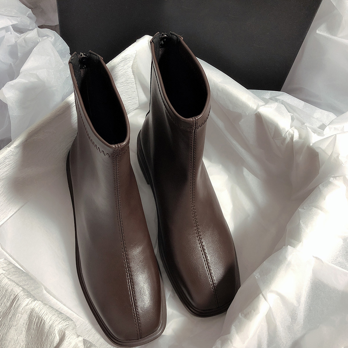 2025秋冬新款真皮平底方头粗跟弹力靴简约百搭时尚休闲瘦瘦短靴女 - 图3