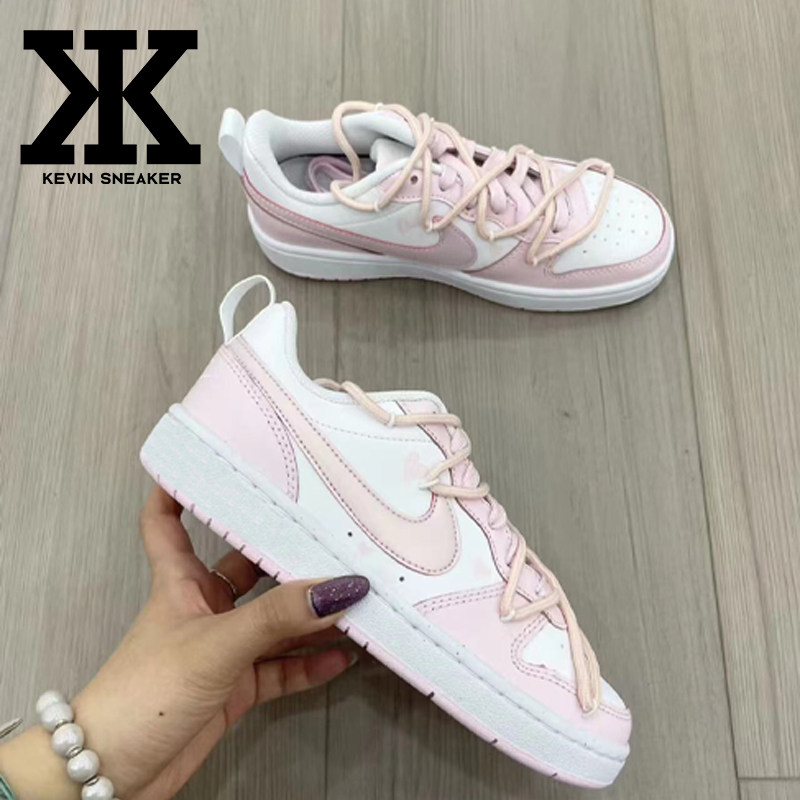 定制球鞋NikeCourtBorough2解构风爱心涂鸦HRZZ低帮板鞋GS白粉,淘宝优惠券,粉丝福利购,淘宝优惠卷