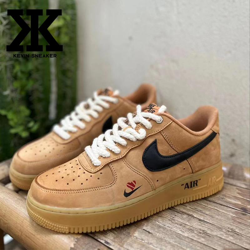 球鞋定制Nike/耐克AirForce1Low空军一号爱心双钩麻绳秋冬板鞋-图0