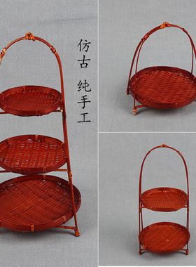 手工中式风竹编多层糕点架干果盘
