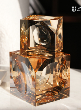 几何实心方块琥珀琉璃摆件