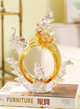 艺术琉璃琥珀色财源滚滚海浪摆件