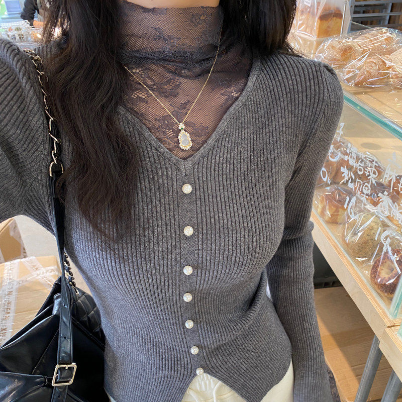 V领蕾丝打底衫女内搭2025秋冬冬新款高级感外穿毛衣针织好看上衣,淘宝优惠券,粉丝福利购,淘宝优惠卷