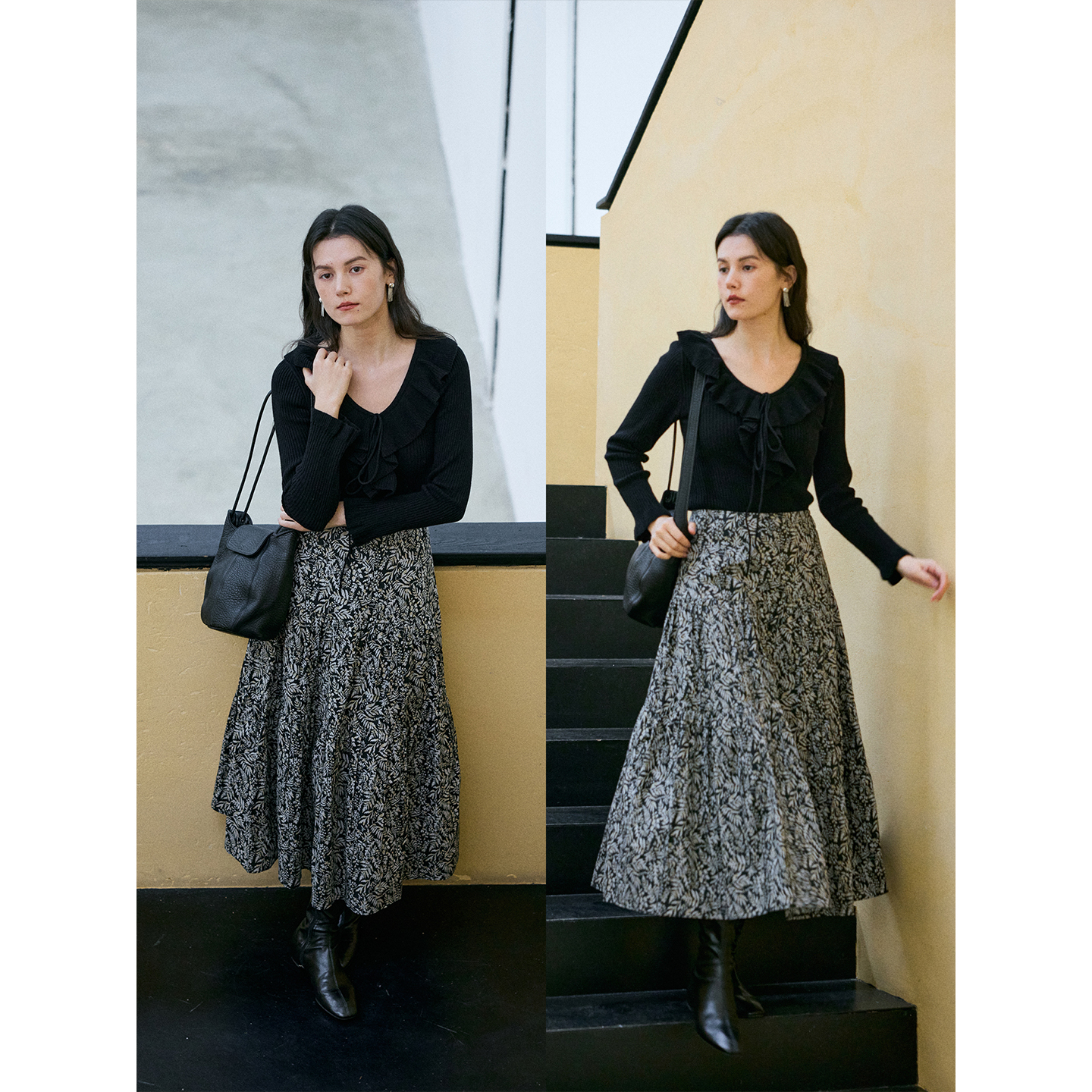 HeyDress法式复古碎花半身裙女秋季高腰显瘦印花半裙黑色a字伞裙