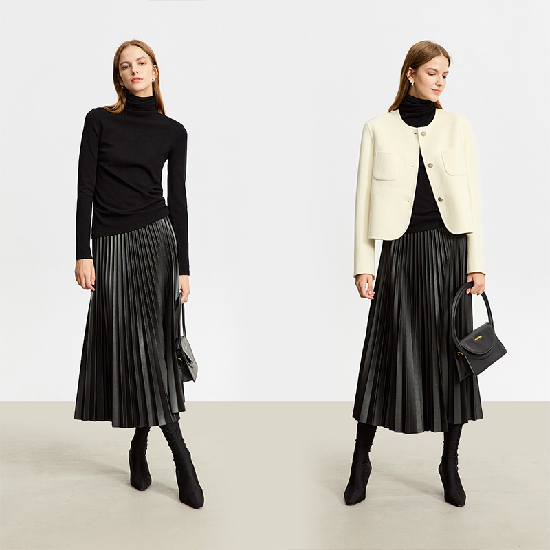 Amii复古半身裙女2025冬新款美拉德穿搭A字裙风琴百褶PU简约皮裙 - 图2