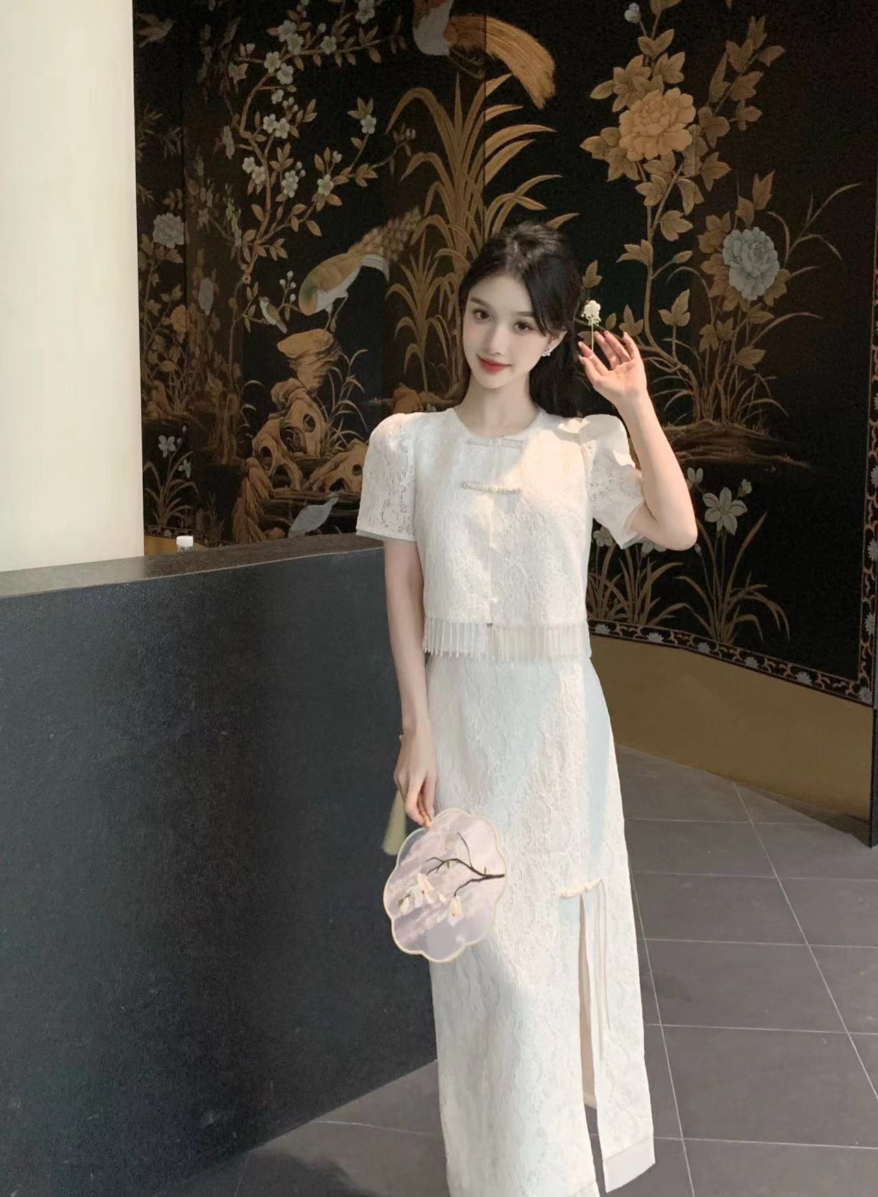 韩国ulzzang早春新款法式气质时尚圆领盘扣蕾丝外套+半身裙套装女