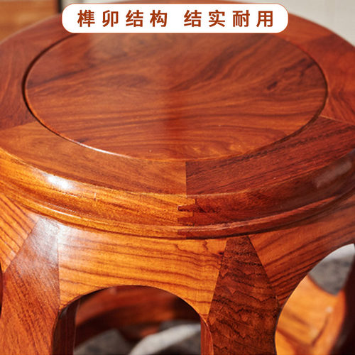 中式红木古筝弹琴凳梳妆实木仿古贝雕刻榫卯鼓凳矮凳花梨木圆凳 - 图2