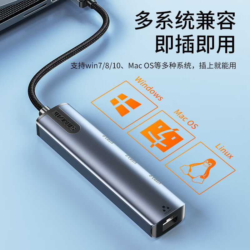 山泽CR31Z Type-C转千兆网口扩展坞四合一USB3.0分线器拓展坞 - 图1