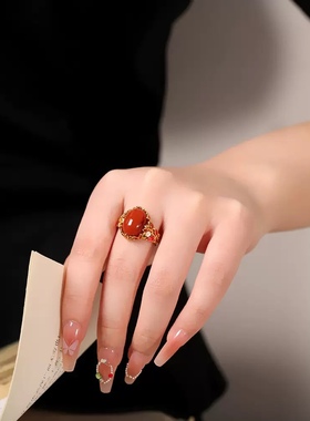 S925纯银南红玛瑙复古花纹戒指