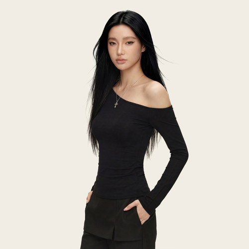 Ames 美式复古辣妹【露肩修身斜肩长袖】春季显瘦打底衫T恤上衣女 - 图1
