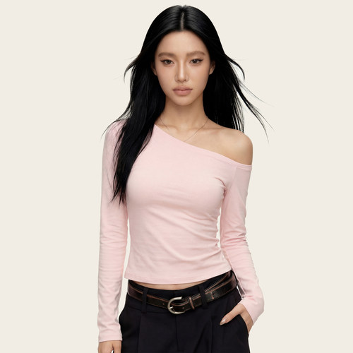 Ames 美式复古辣妹【露肩修身斜肩长袖】春季显瘦打底衫T恤上衣女 - 图0