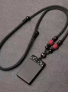 黑曜石貔貅平安无事牌吊坠男女项链五字牌挂件饰品如意无事水晶牌