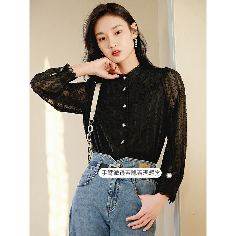 白色立领蕾丝女2022年春装新款衬衫 衣香丽影衬衫