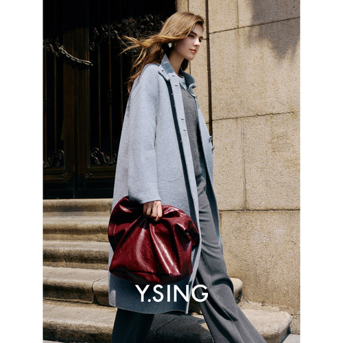 衣香丽影100%全羊毛立领大衣女2025年冬装新款雾霾蓝双面呢子外套 - 图1