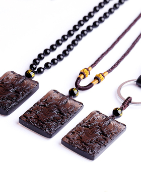 天然冰透黑曜石关公吊坠