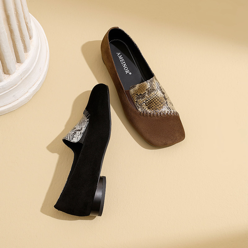 2025新款复古蛇纹拼接一脚蹬乐福鞋舒适方头低跟深口单鞋真皮女鞋,淘宝优惠券,粉丝福利购,淘宝优惠卷