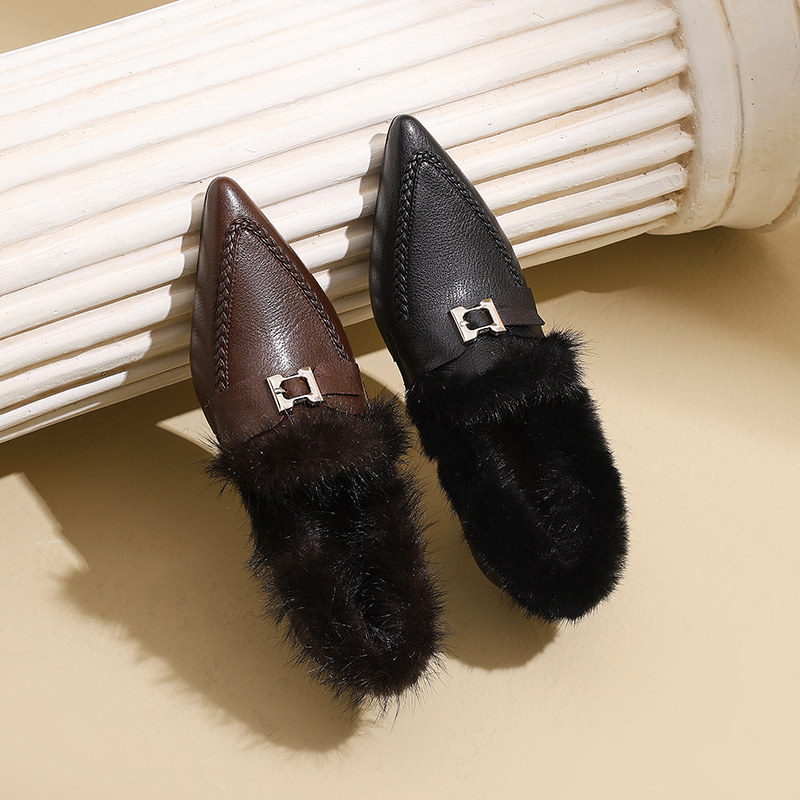 秋冬新款法式加绒保暖尖头高跟鞋带扣水貂毛小皮鞋真皮深口单鞋女,淘宝优惠券,粉丝福利购,淘宝优惠卷