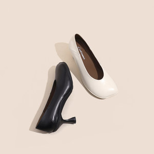 法式设计感芒果头真皮高跟鞋女细跟浅口单鞋温柔百搭一脚蹬奶奶鞋