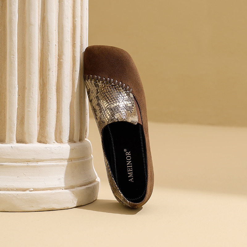 2025新款复古蛇纹拼接一脚蹬乐福鞋舒适方头低跟深口单鞋真皮女鞋,淘宝优惠券,粉丝福利购,淘宝优惠卷