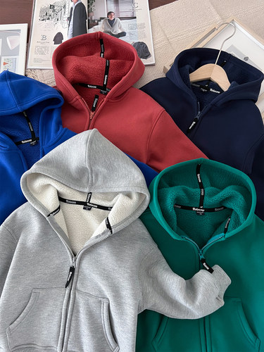 儿童加绒连帽拉链衫卫衣加厚外套~男童纯色摇粒绒保暖帽衫中大童 - 图0