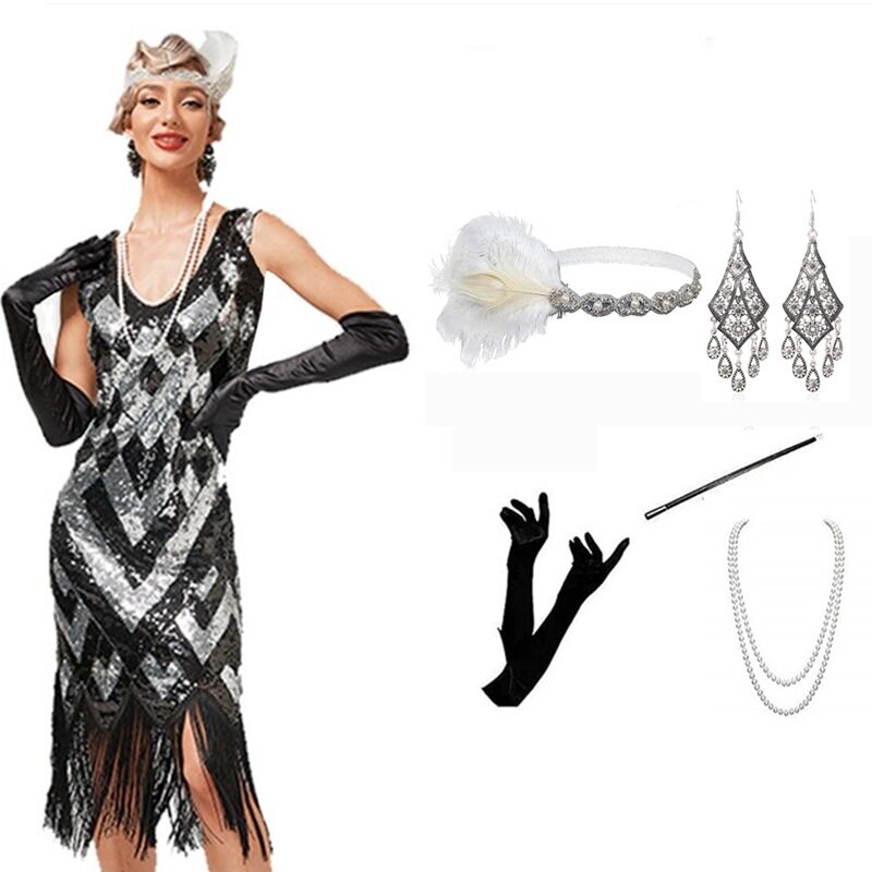 新款1920S复古盖茨比舞会宴会晚礼服性感亮片流苏连衣裙 - 图0