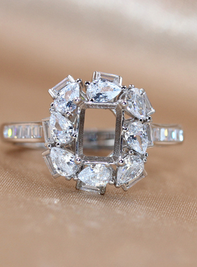 新款精工s925银戒指空托长方形枕形宝石镶嵌定制4*6/5*7/6*8/8*10