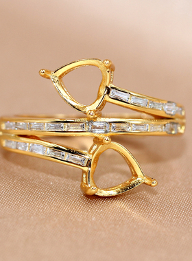 精工s925银戒指托心形戒托定制代镶嵌宝石轻奢设计双头6*6mm