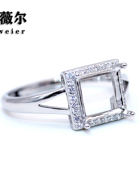精工纯银戒指空托方形宝石镶嵌
