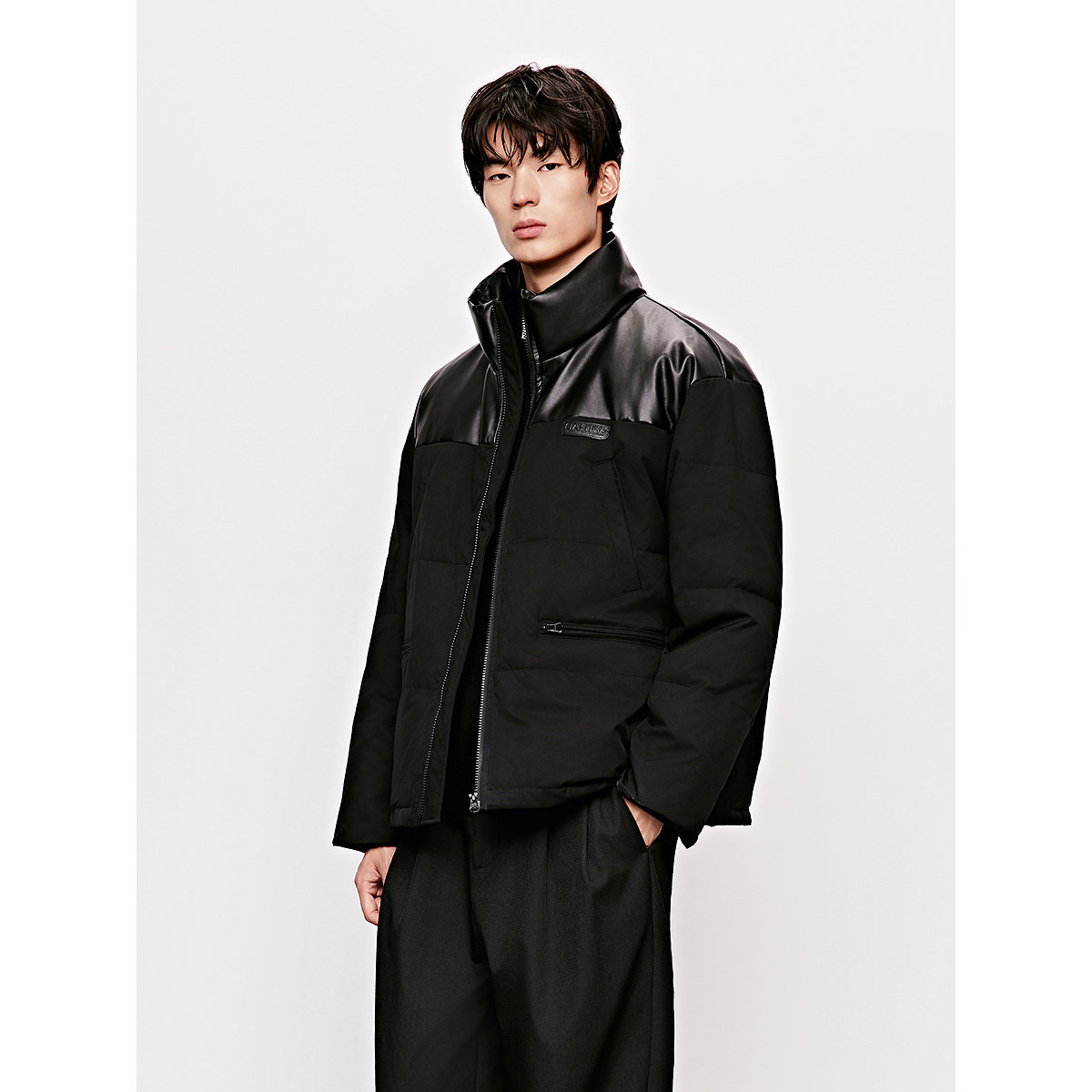 GXG男装 pu皮拼接立领棉服男潮流通勤加厚棉衣面包服外套冬季热销