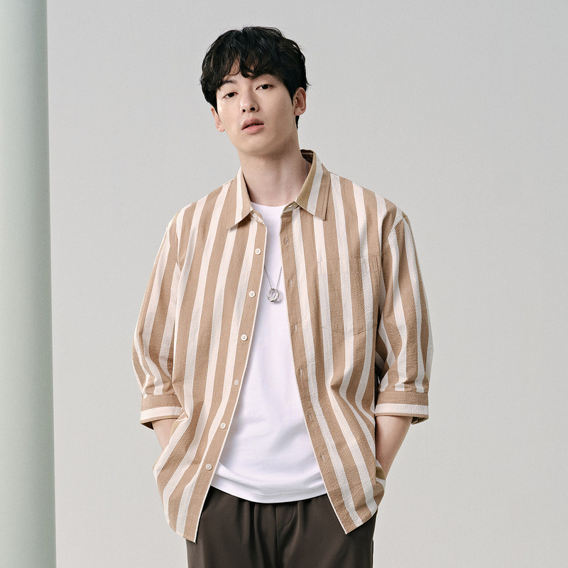 GXG男装  24夏季新款泡泡纱条纹翻领衬衫冰丝提花束脚休闲裤 套装,淘宝优惠券,粉丝福利购,淘宝优惠卷