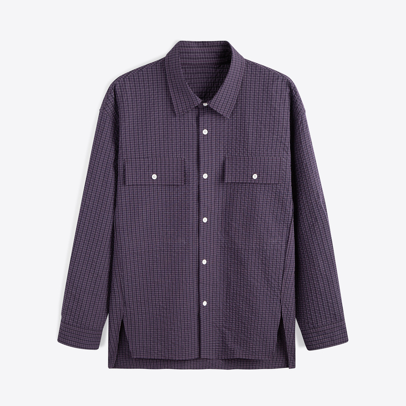 GXG男装 紫色暗格纹宽松复古休闲时尚翻领长袖衬衫外套24春季新品