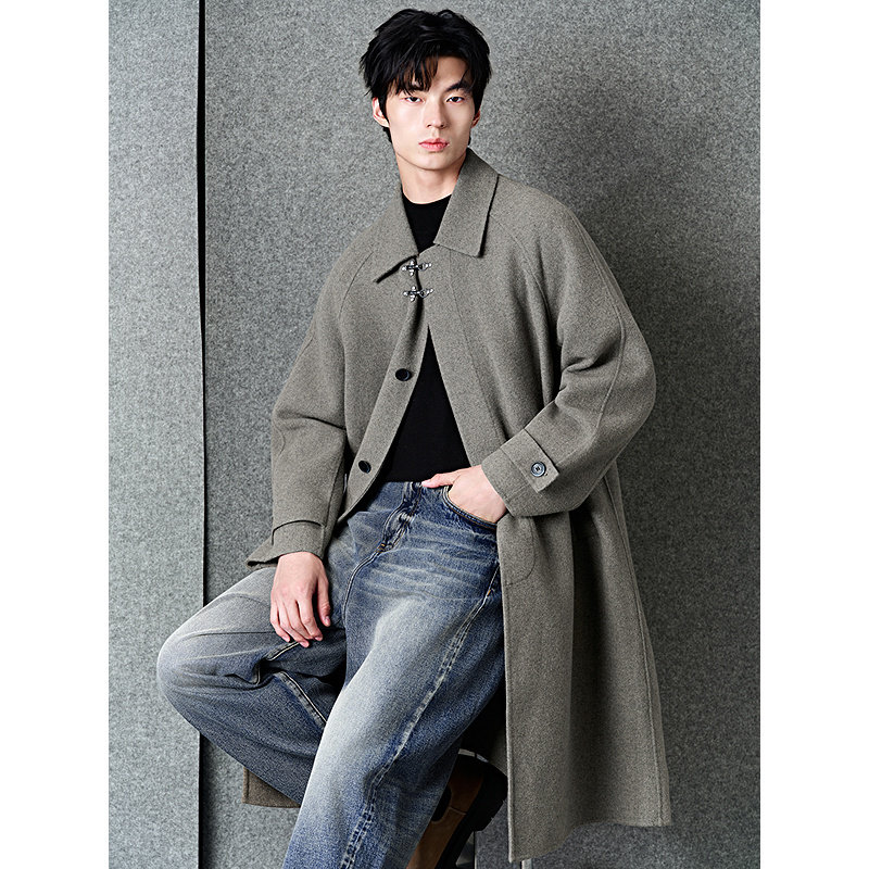 GXG男装 定织羊毛混纺飞机扣翻领设计时尚长款呢大衣 冬季热销