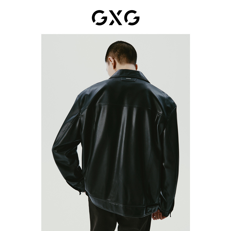 GXG男装黑色口袋设计简约时尚翻领皮衣夹克外套 23冬季新品