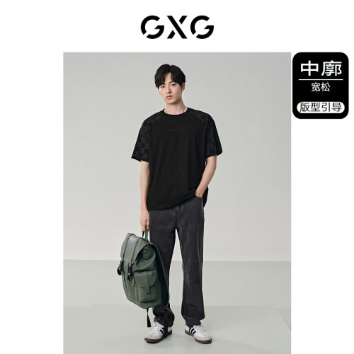 【凉感】GXG男装黑色休闲插肩袖宽松圆领短袖T恤男士 24年夏新品-图0