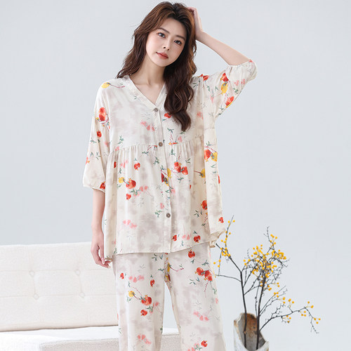 妈妈棉绸睡衣女中老年人造棉夏季绵绸七分袖套装两件套家居服加大 - 图1