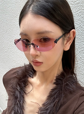 MELIYA无框水银椭圆猫眼太阳镜辣妹Y2K甜酷金属紫色显瘦墨镜复古