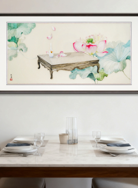 苏绣新中式清荷花刺绣挂画客厅办公室茶室装饰画植物花卉实木边框
