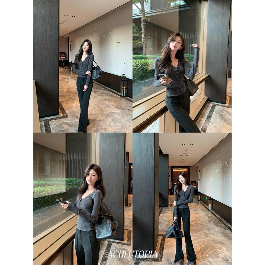 ACHI大也池灰色v领针织打底衫女基础百塔显瘦长袖t恤修身内搭上衣,淘宝优惠券,粉丝福利购,淘宝优惠卷