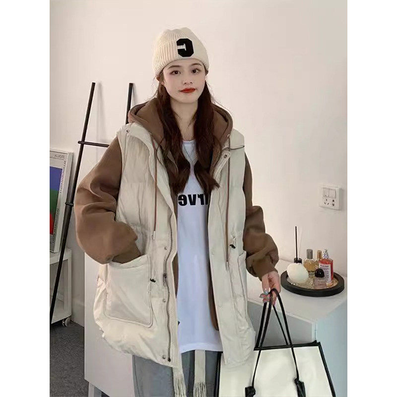 大尺码女装假两件连帽铺棉外套女春秋新款胖mm时尚撞色显瘦棉衣外,淘宝优惠券,粉丝福利购,淘宝优惠卷