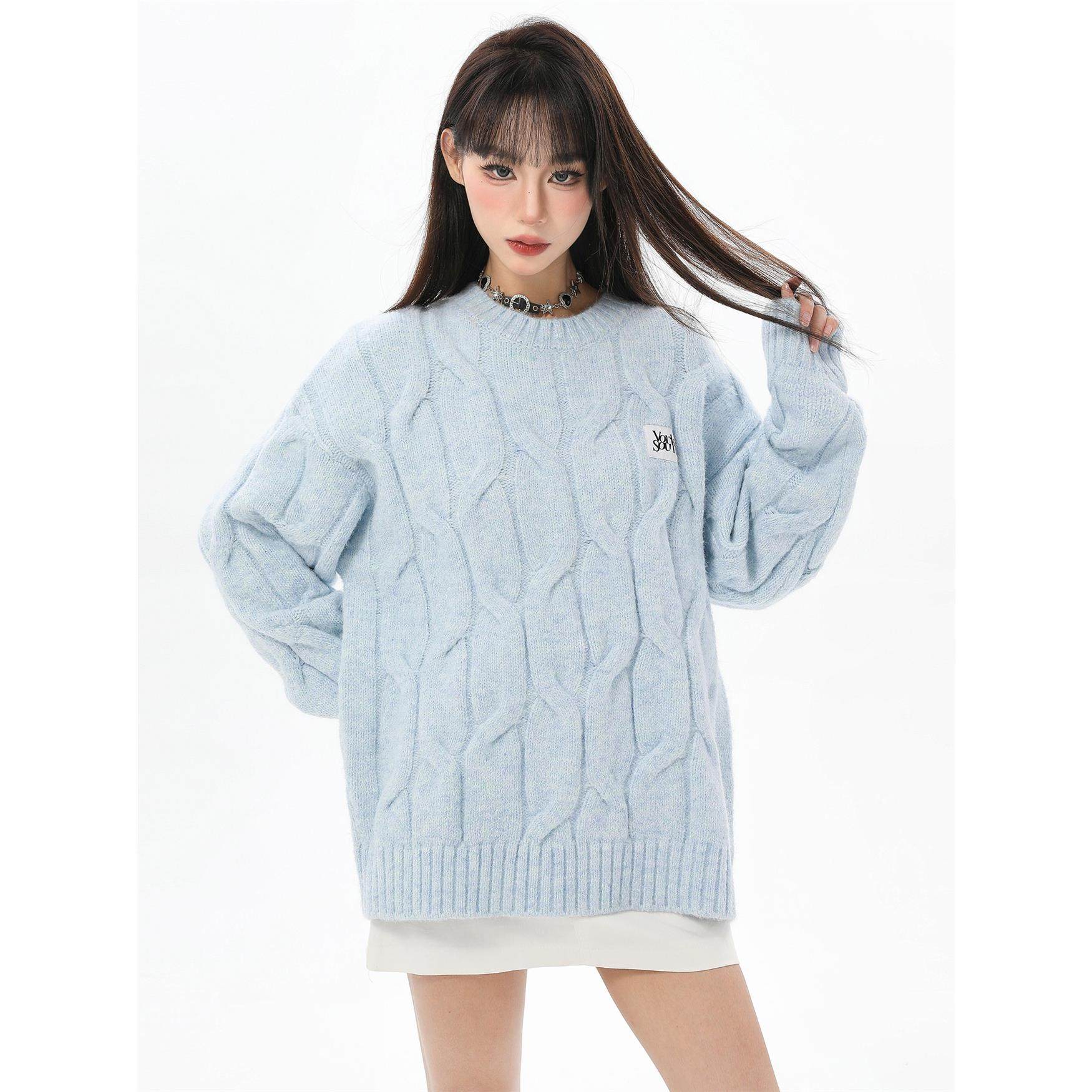 蓝色麻花针织毛衣女冬季穿搭软糯慵懒加厚正肩内搭针织衫上衣秋冬,淘宝优惠券,粉丝福利购,淘宝优惠卷