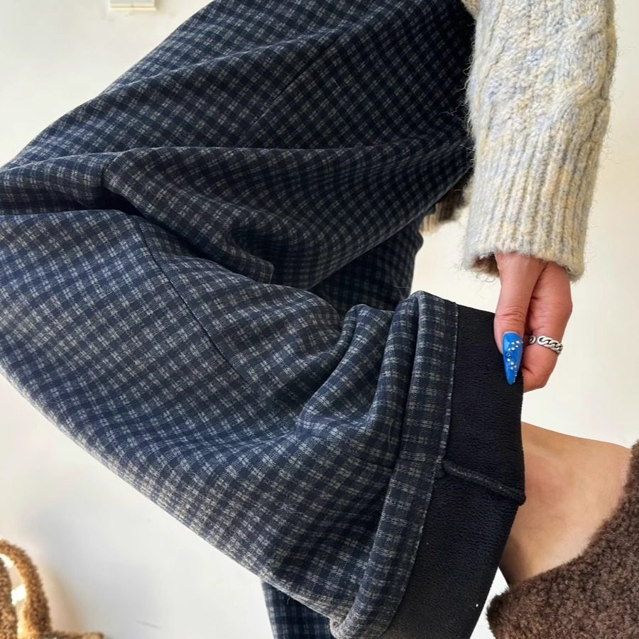 猫猫家加长女裤秋冬加绒加厚慵懒感格子休闲裤女毛呢阔腿裤拖地裤,淘宝优惠券,粉丝福利购,淘宝优惠卷