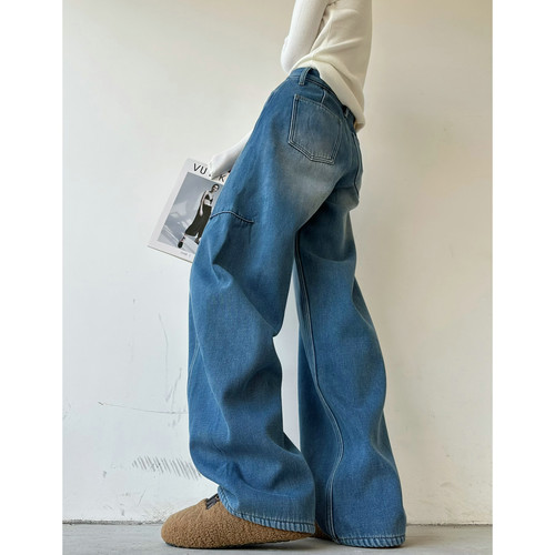 猫猫家加长女裤加绒加厚秋冬高腰阔腿牛仔裤女高个子宽松香蕉裤潮 - 图0