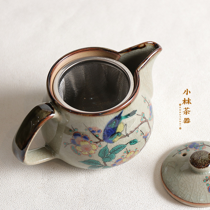 日本九谷烧原装进口泡茶壶 清峰作冰裂纹后手带过滤网花鸟纹茶具