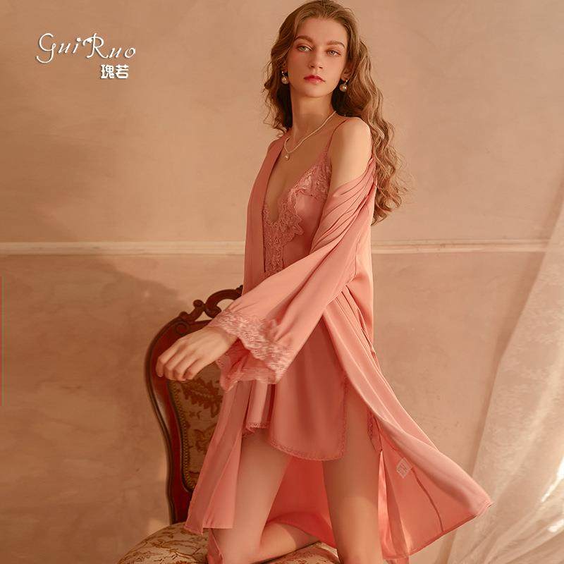 性感薄款缎面蕾丝开衫系带睡袍浴袍吊带睡裙女家居服套装272,淘宝优惠券,粉丝福利购,淘宝优惠卷