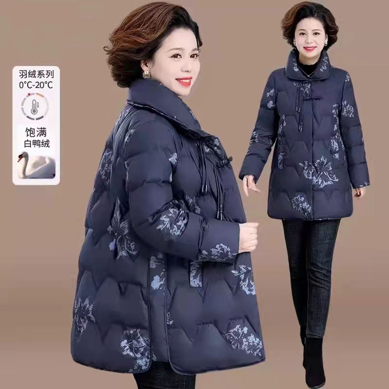 中年妈妈冬季羽绒服中老年女装秋冬中长款棉衣老太太奶奶加厚衣服